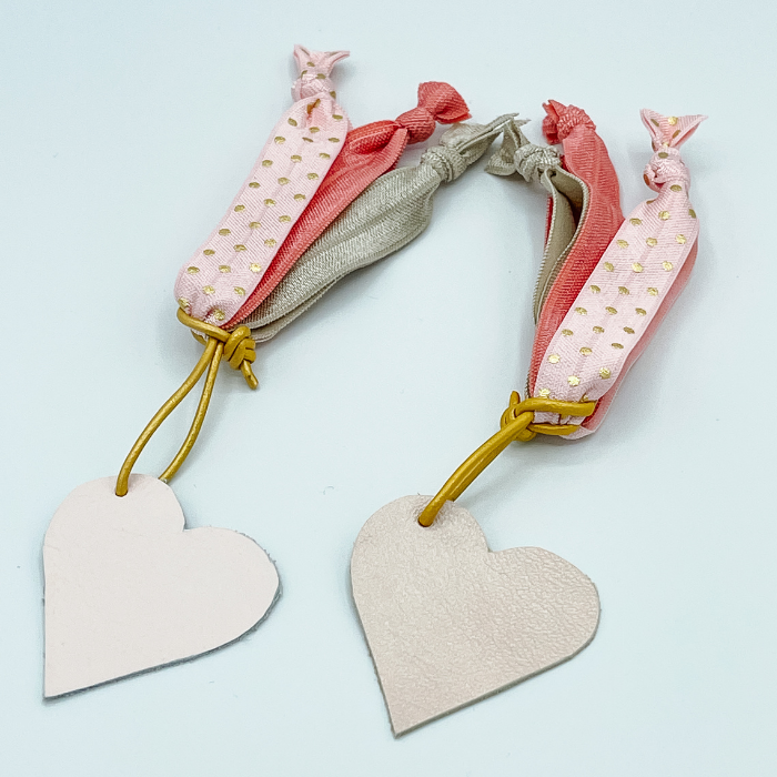 Hair Ties with Pink Leather Heart/Gold Leather Cording