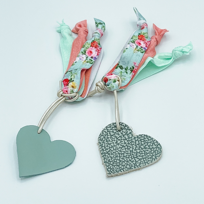 Hair Ties with Green Leather Heart/Silver Leather Cording