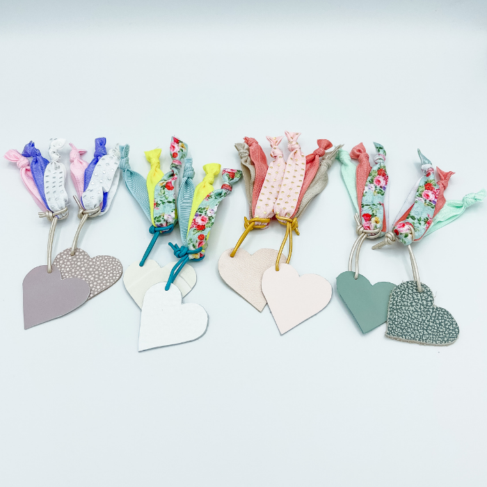 Hair Ties with Pink Leather Heart/Gold Leather Cording