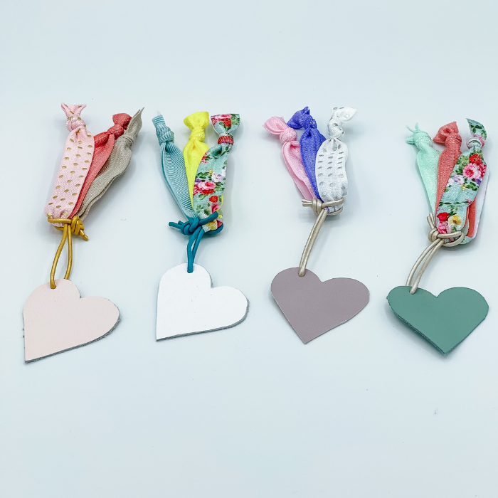 Hair Ties with White Leather Heart/Teal Leather Cording