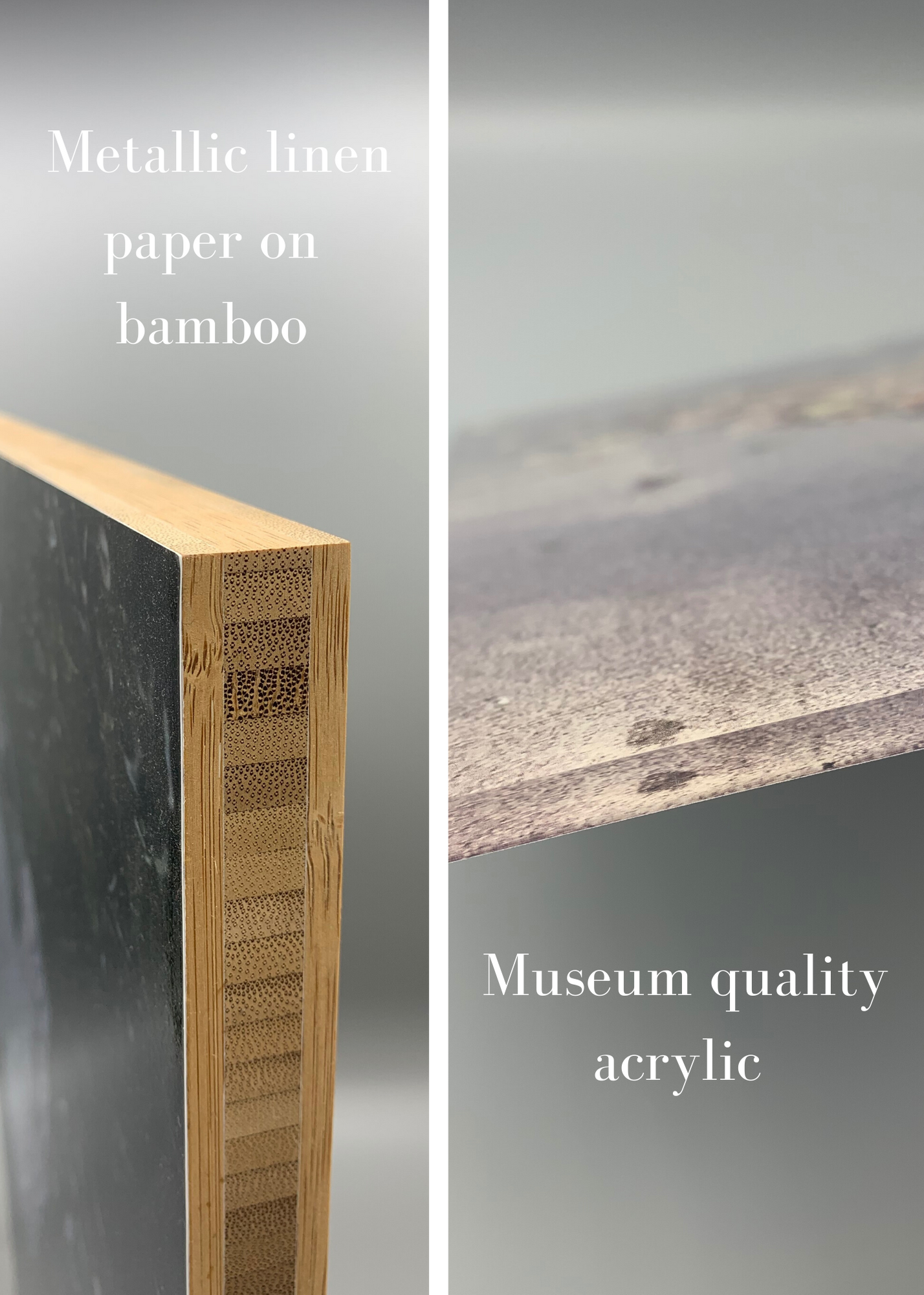 photograph printed on metallic linen paper on bamboo or acrylic