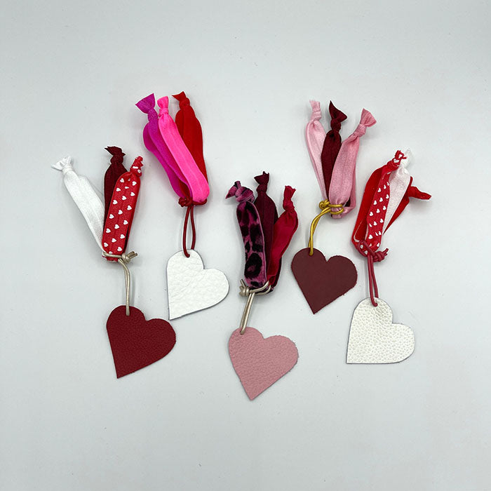 Hair Ties with Pink Leather Heart/Silver Leather Cording