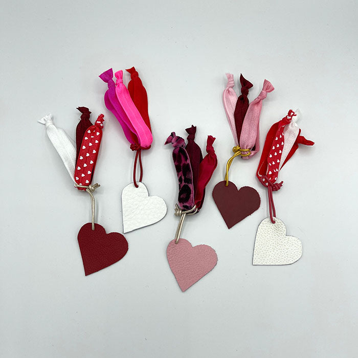 Hair ties with White Leather Heart/Red Leather Cording