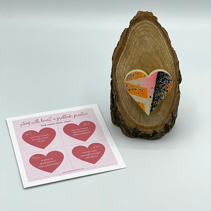 Gratitude Print (pink) & Oak Stand w/ Upcycled Jackson Ski Heart