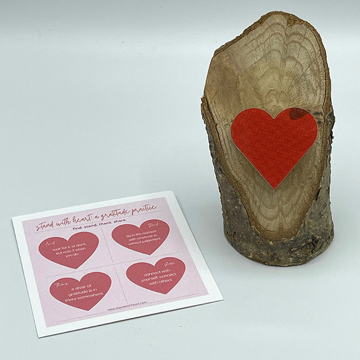 Gratitude Print (pink) & Oak Stand w/ Upcycled Josephine Ski Heart