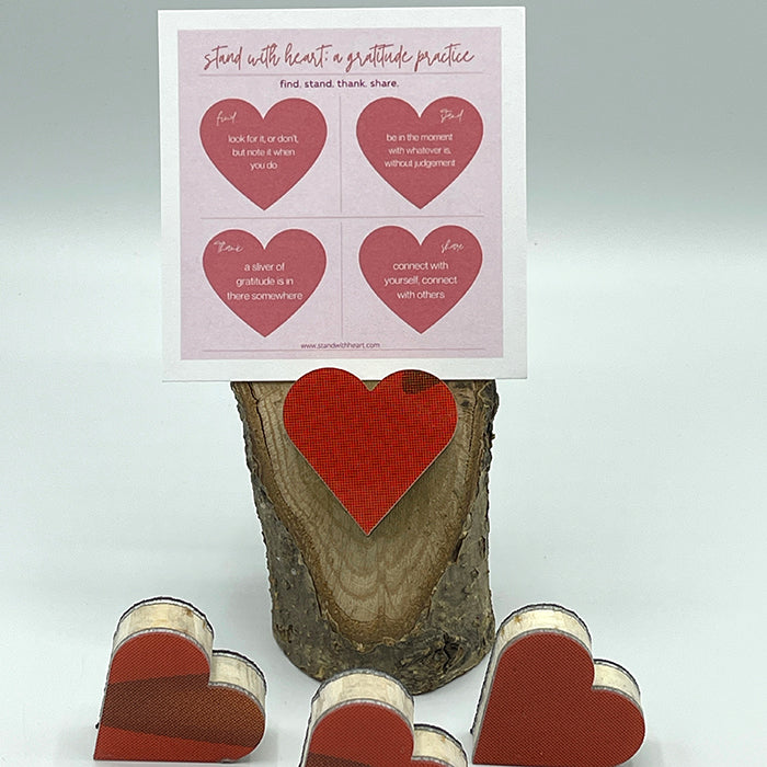 Gratitude Print (pink) & Oak Stand w/ Upcycled Josephine Ski Heart