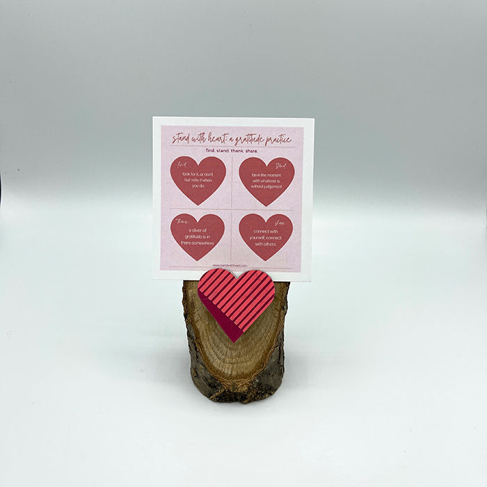 Gratitude Print (pink) & Oak Stand w/ Upcycled Sarah Ski Heart