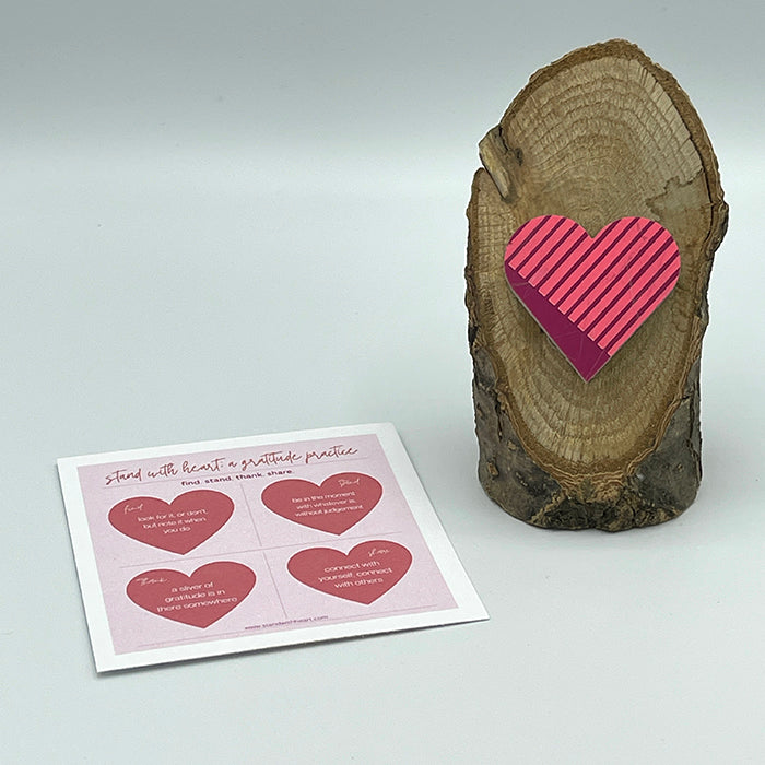 Gratitude Print (pink) & Oak Stand w/ Upcycled Sarah Ski Heart