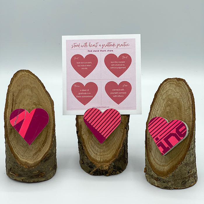 Gratitude Print (pink) & Oak Stand w/ Upcycled Sarah Ski Heart